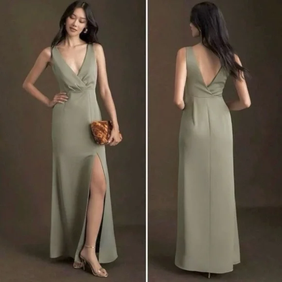 BHLDN NWT Anthropologie Piper V-Neck Side Slit Satin Gown Dress Size 0 Moss